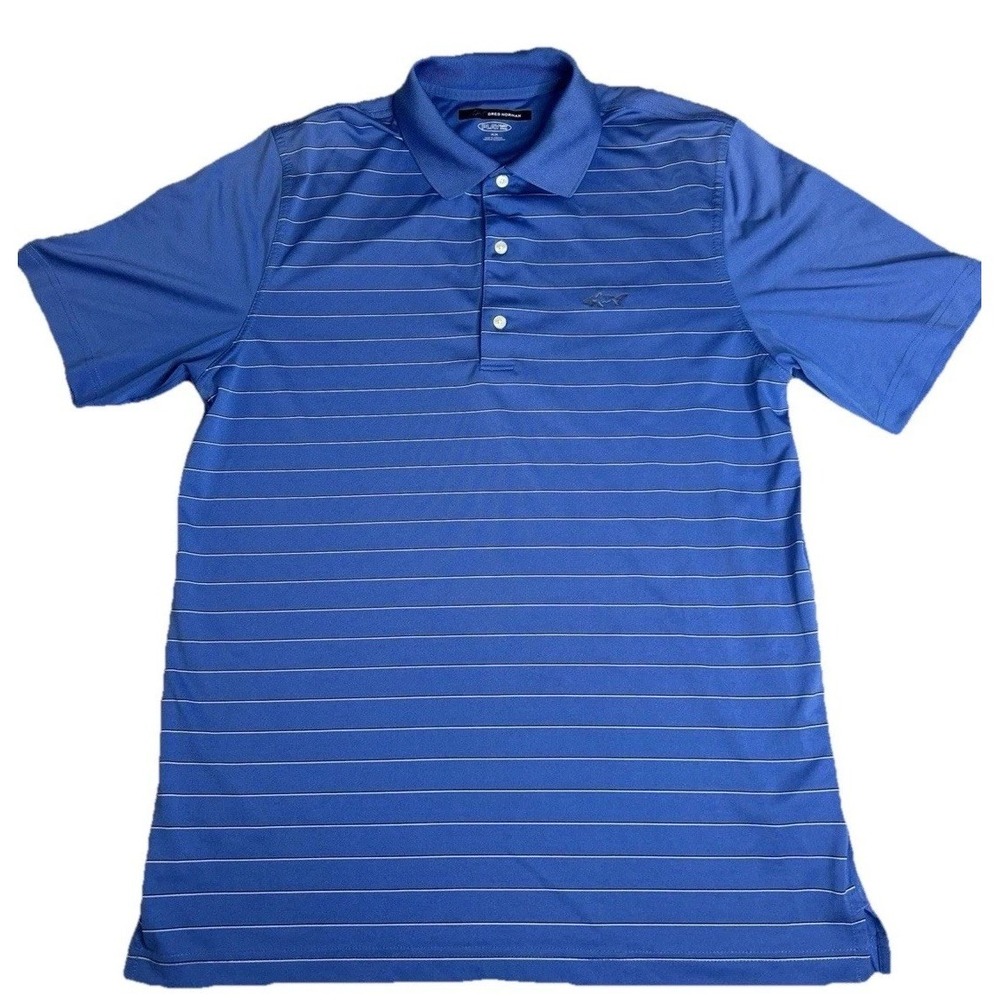 Greg Norman Play Dry Polo Shirt Mens Medium Blue Striped SharkLogo Golf Athletic